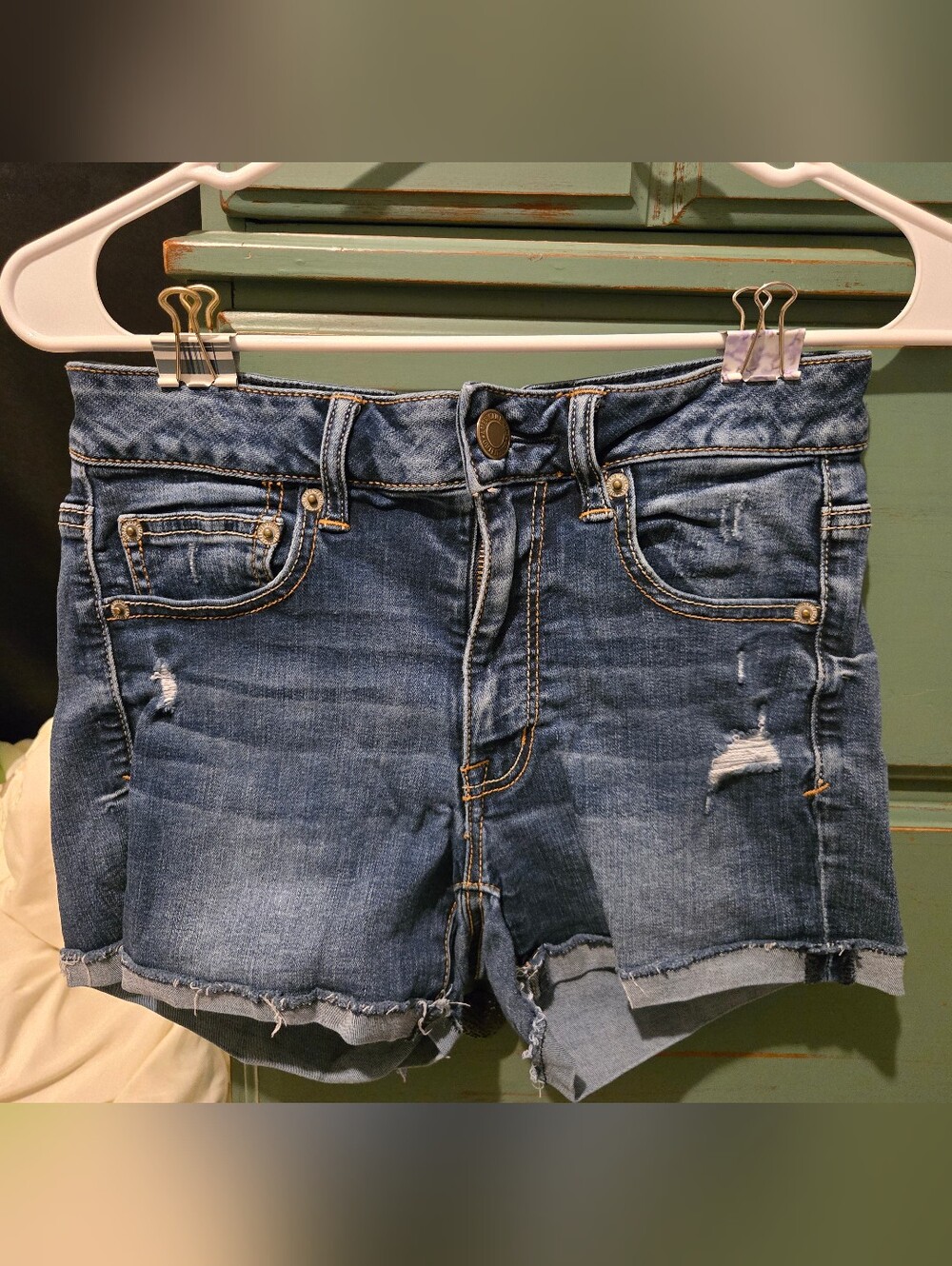 American Eagle Outfitters Distressed Blue Super Stretch Denim Shorts